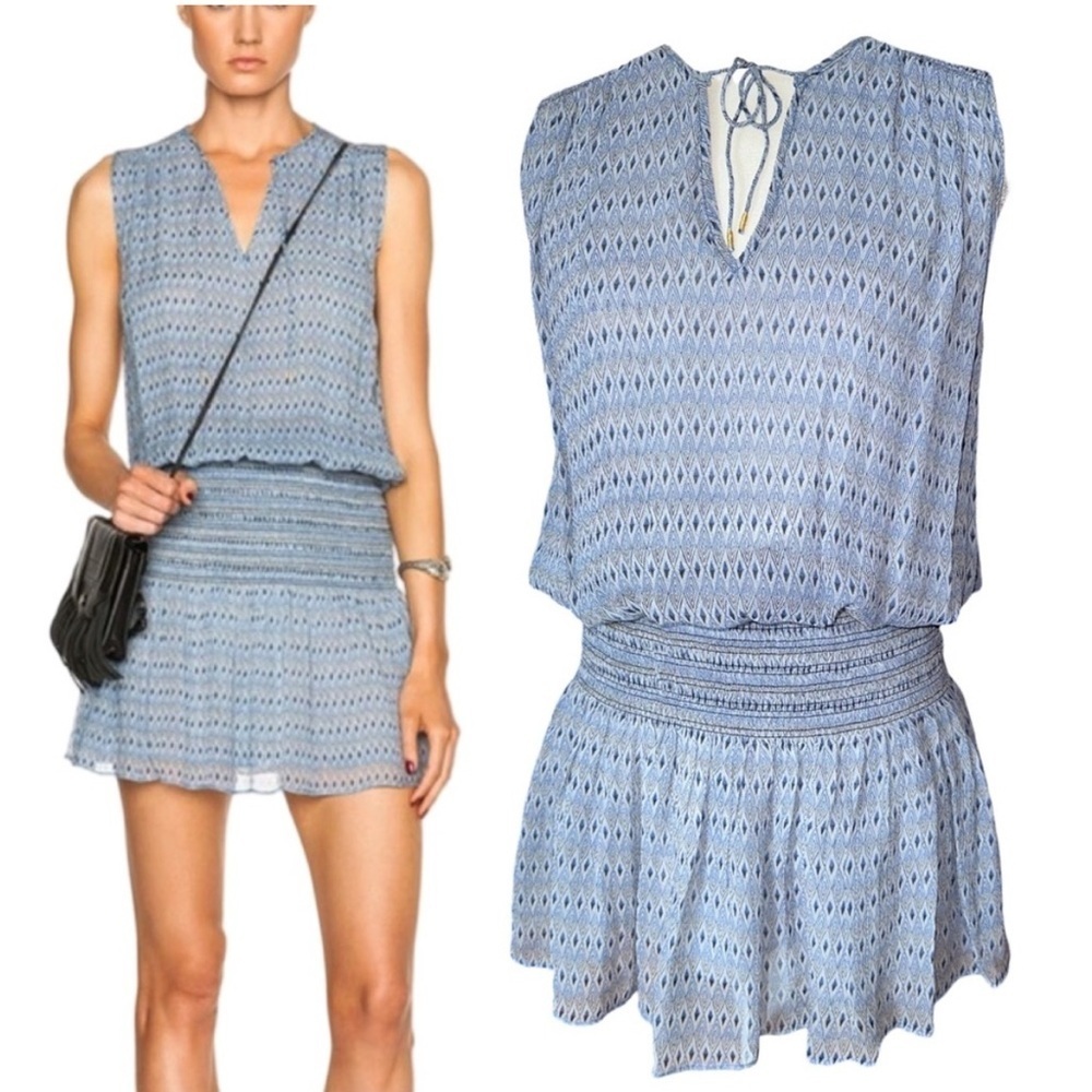 Ulla Johnson Melilla 100% Silk Blue Smocked Print Mini Dress Drop Waist Size 4